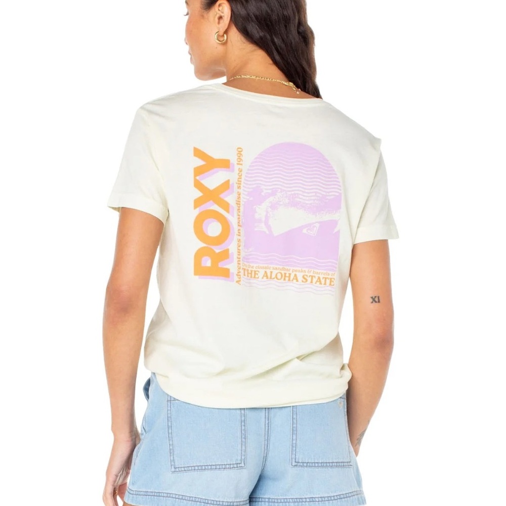 Roxy 🌺 Aloha State Egret Graphic Tee Pink & Orange Print Sz S Surf Coastal